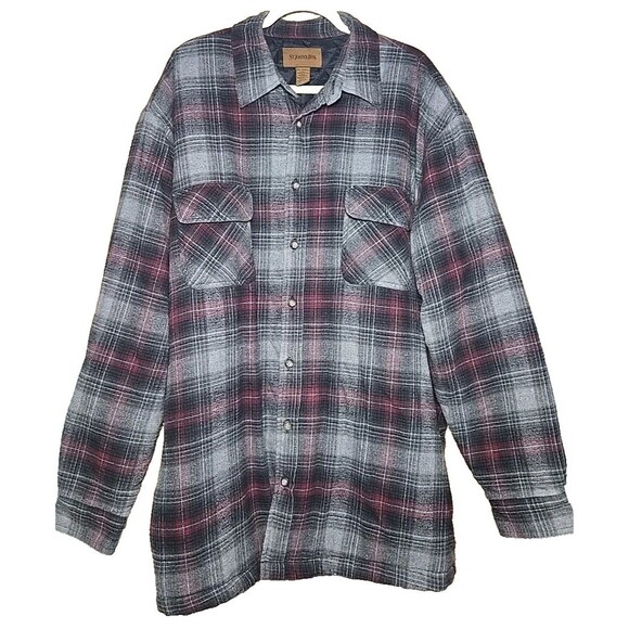 St Johns Bay Mens 2XLT Quilted Flannel Shirt Jacket Plaid Gray Red Vintage Macau - Picture 1 of 8